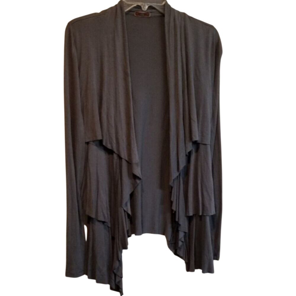 CDR Charcoal Grey Tiered Ruffle Open Front Waterfall‎ Cardigan Size L